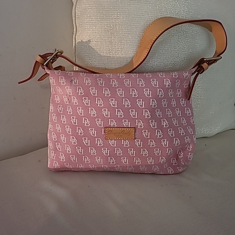 Dooney & Bourke Pink and White Small Canvas Shoulder Bag 11"W X 7"H X 2"D